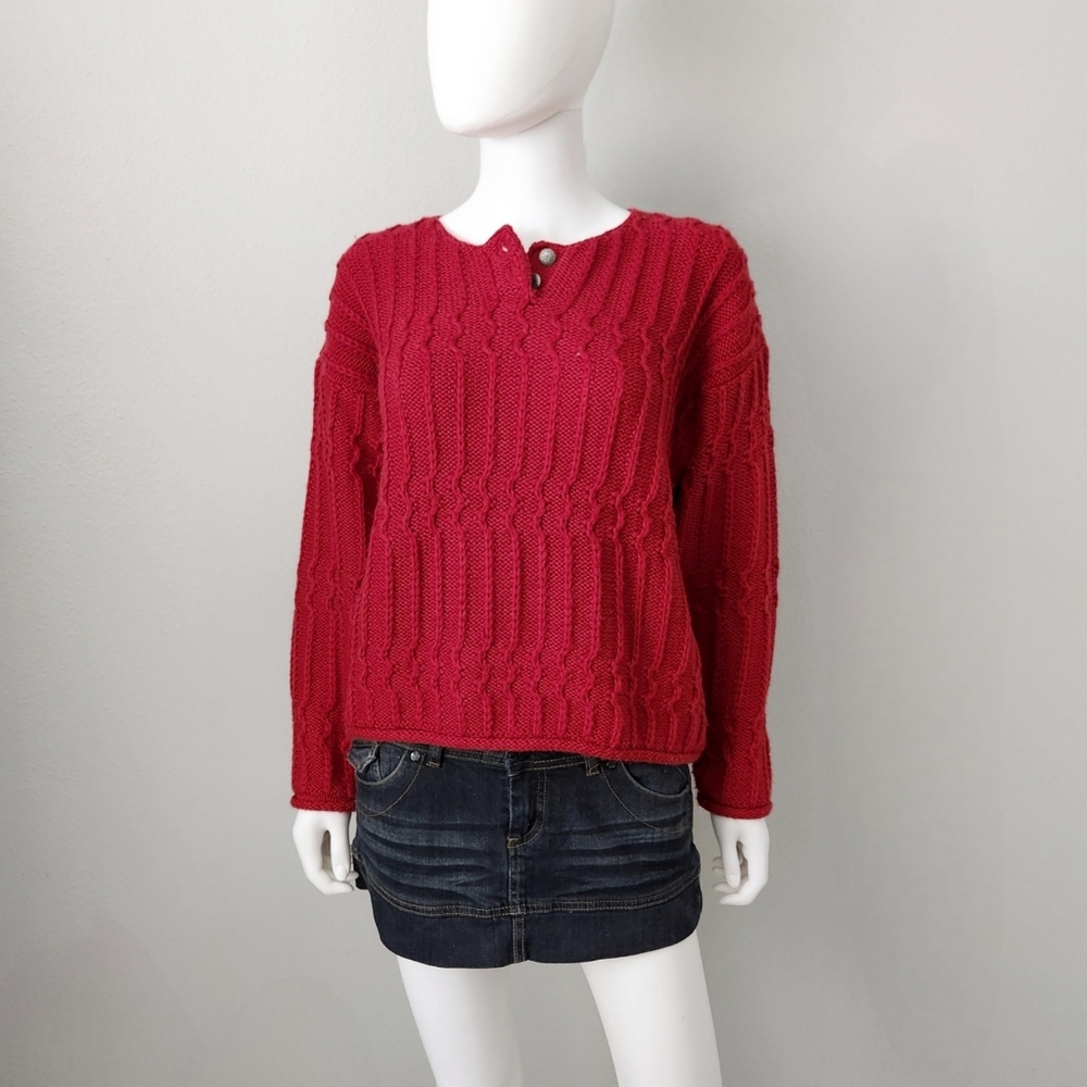 Limited Vintage 90s Wool Blend Red Pullover Crewneck Sweater W/ 2 Buttons, Sz S